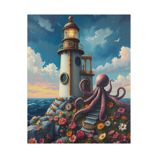 Whimsical Octopus Lighthouse Puzzle, 110 252 520 1014-piece Steampunk Animal Jigsaw, Fun Gift for Ocean Lovers, Family Game Night, Nautical 520 pcs (Vertical) Puzzle The Puzzle Chest