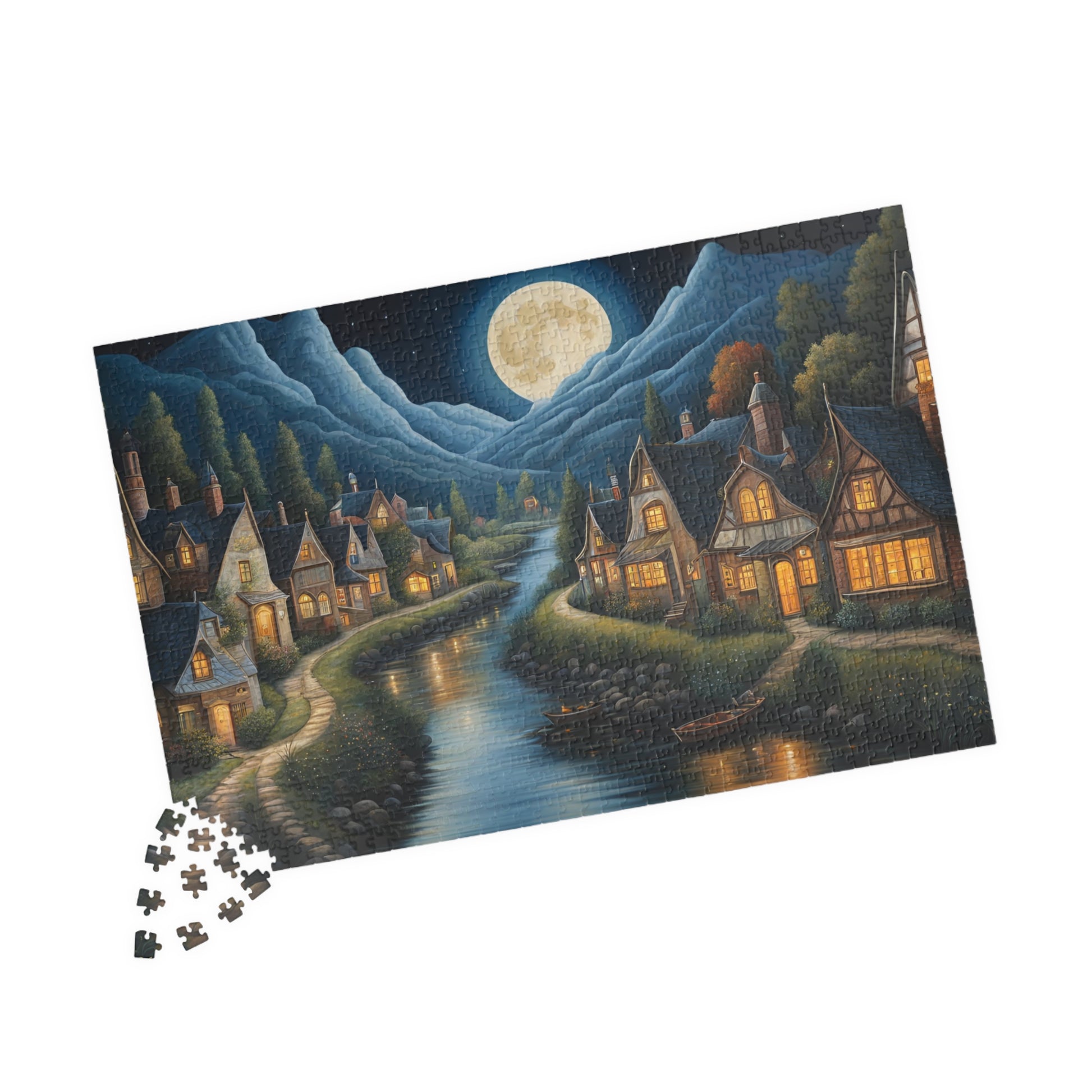 Nordic Night Village Puzzle, Serene Moonlit River Landscape, Cozy Scandinavian River Town Jigsaw Game, Mindfulness Gift for Puzzle Lover The Puzzle Chest