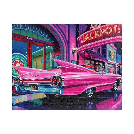 Vintage Car Puzzle, 1959 Pink Cadillac Eldorado, Retro Casino Neon Lights and Classic Vehicle Scenic Jigsaw Game for Him, Puzzle Lover Gift 252 pcs (Horizontal) Puzzle The Puzzle Chest