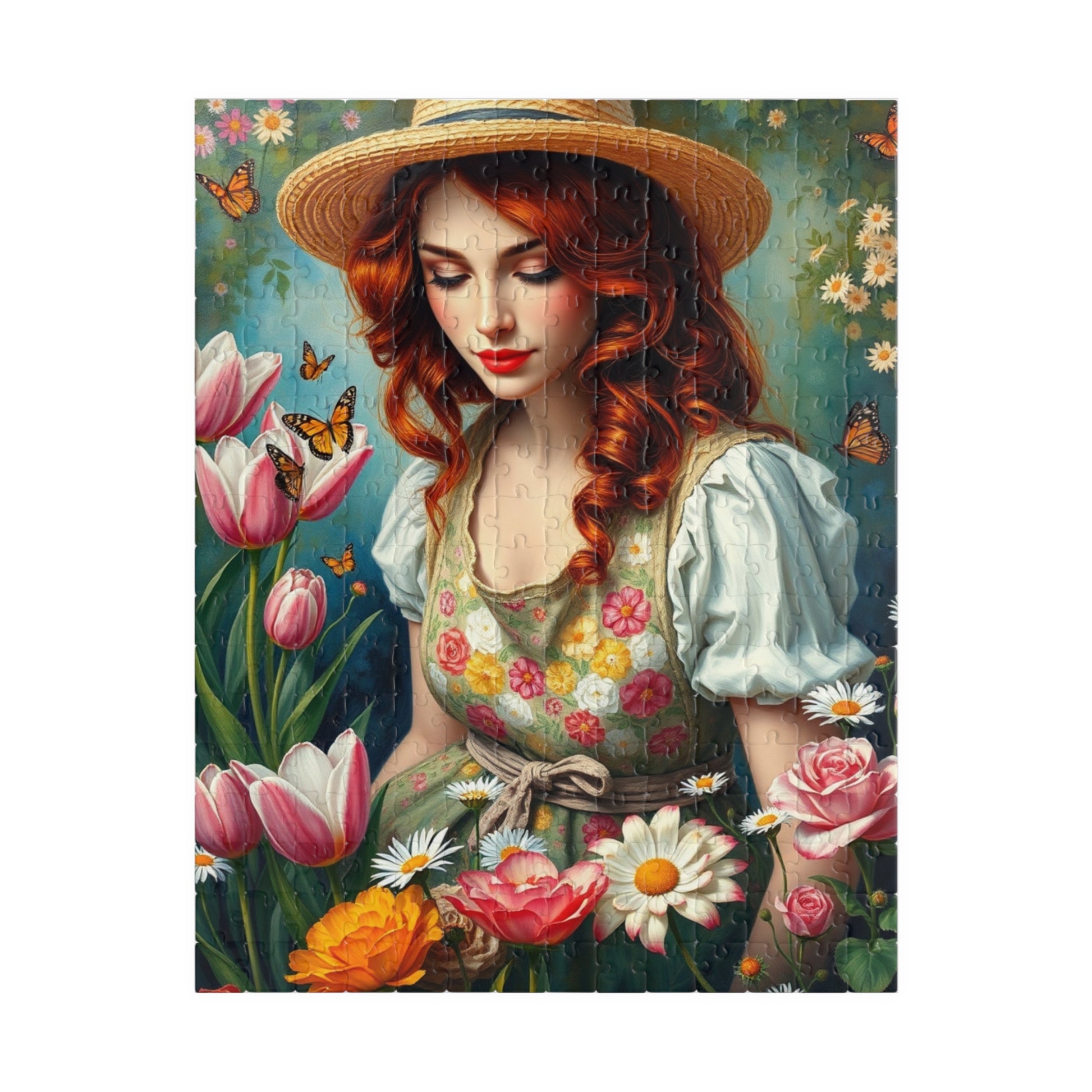 Jigsaw Puzzle, Woman Gardening Among Tulips, Daisies, Roses - 110, 252, 520, 1014-piece, Floral Apron, Straw Hat, Red Hair, Relaxing 252 pcs (Vertical) Puzzle The Puzzle Chest