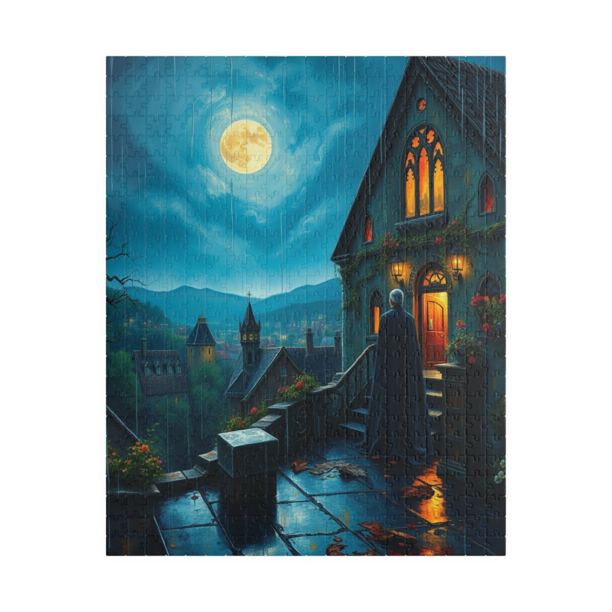 Gothic Vampire Puzzle, Rainy Night Manor Overlooking a Moonlit Village, Dark Fantasy Jigsaw Game, Gift for Lovers of Supernatural Lore 520 pcs (Vertical) Puzzle The Puzzle Chest