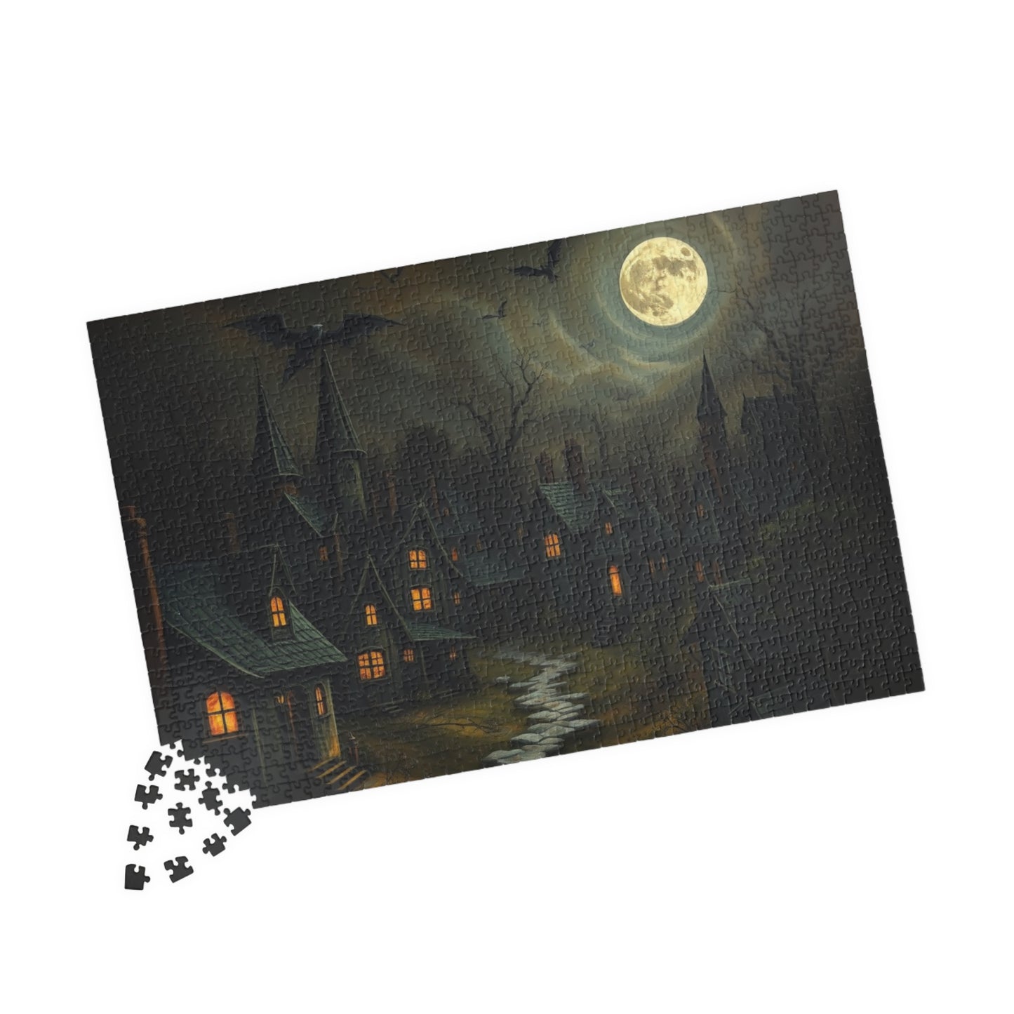Eerie Village Puzzle (110, 252, 520, 1014-piece), Black Houses Glowing Windows and Full Moon, Spooky Nighttime Scene, Gothic Lover Gift The Puzzle Chest