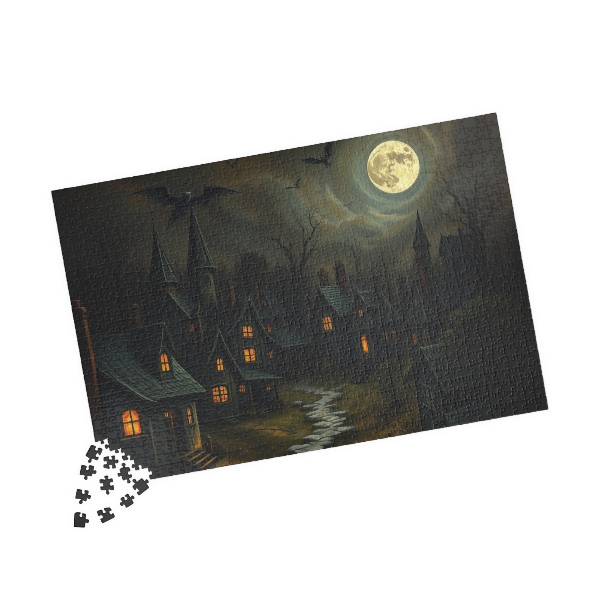 Eerie Village Puzzle (110, 252, 520, 1014-piece), Black Houses Glowing Windows and Full Moon, Spooky Nighttime Scene, Gothic Lover Gift The Puzzle Chest