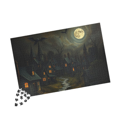 Eerie Village Puzzle (110, 252, 520, 1014-piece), Black Houses Glowing Windows and Full Moon, Spooky Nighttime Scene, Gothic Lover Gift The Puzzle Chest