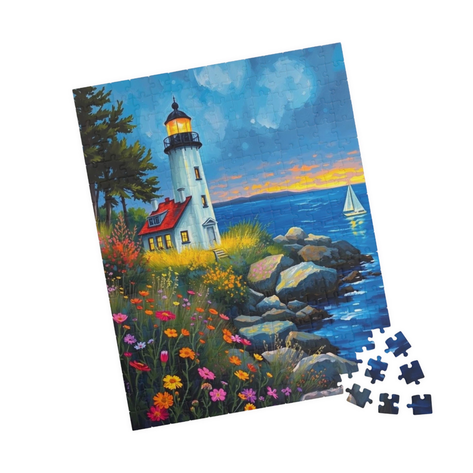 Seabreeze Beacon Jigsaw Puzzle - Coastal Lighthouse, Wildflowers and Sailboats, Family Activity Brain Teaser, Gift for Puzzle Lovers Puzzle The Puzzle Chest