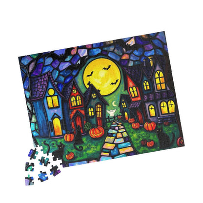 Halloween Puzzle for Adults - Spooky Village Black Cat Scene