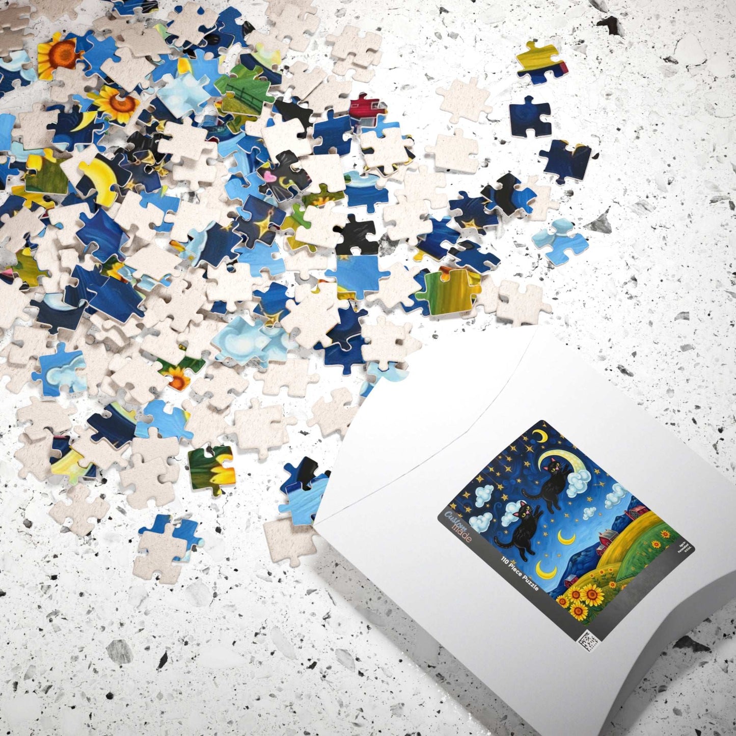 Starry Cat Chase Jigsaw Puzzle - Black Cats and Sunflowers, 110-1014 Piece Whimsical Cat Lover Gift, Brain Teaser Game, Indoor Hobby, Family