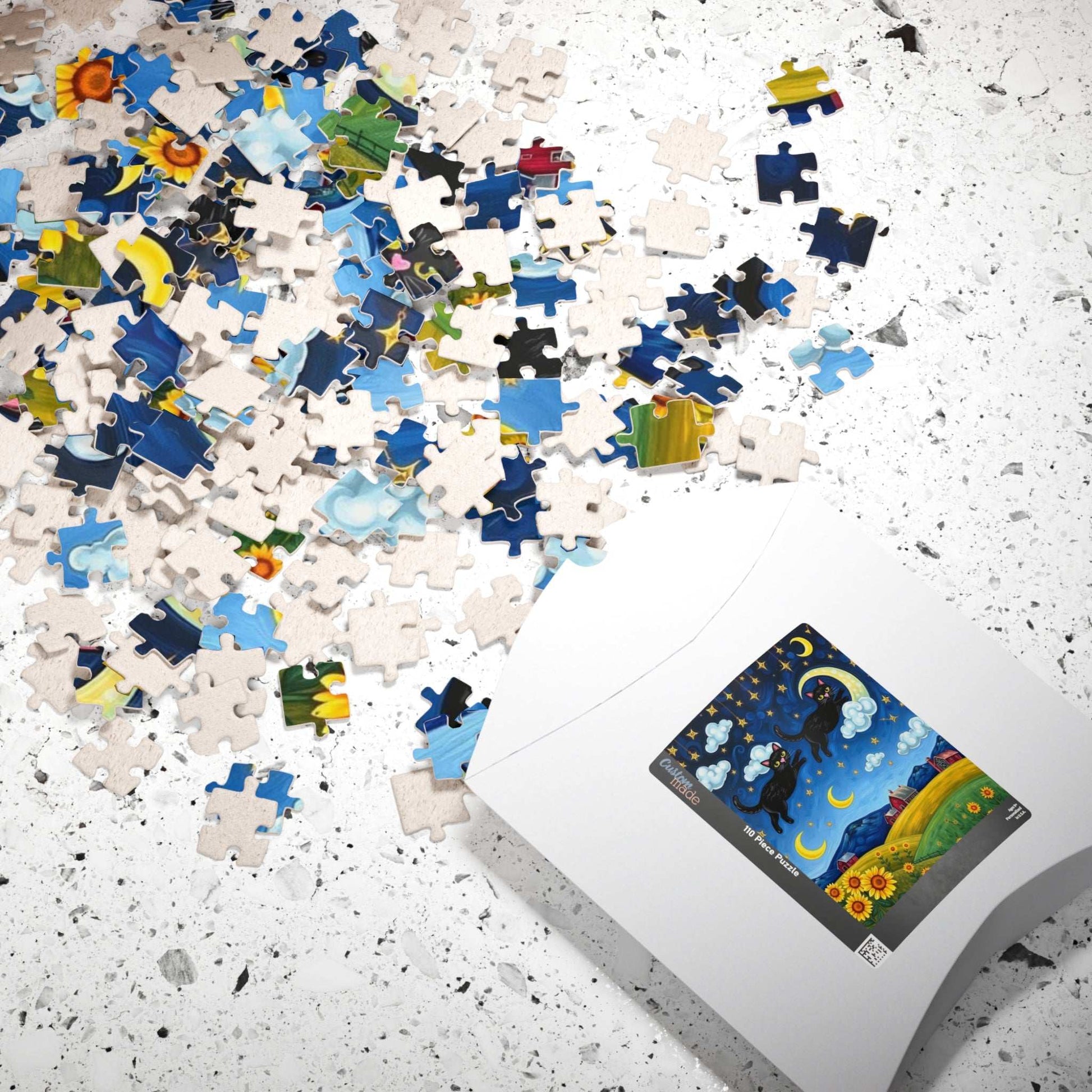 Starry Cat Chase Jigsaw Puzzle - Black Cats and Sunflowers, 110-1014 Piece Whimsical Cat Lover Gift, Brain Teaser Game, Indoor Hobby, Family
