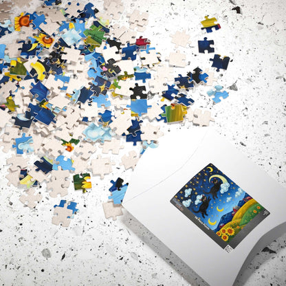 Starry Cat Chase Jigsaw Puzzle - Black Cats and Sunflowers, 110-1014 Piece Whimsical Cat Lover Gift, Brain Teaser Game, Indoor Hobby, Family