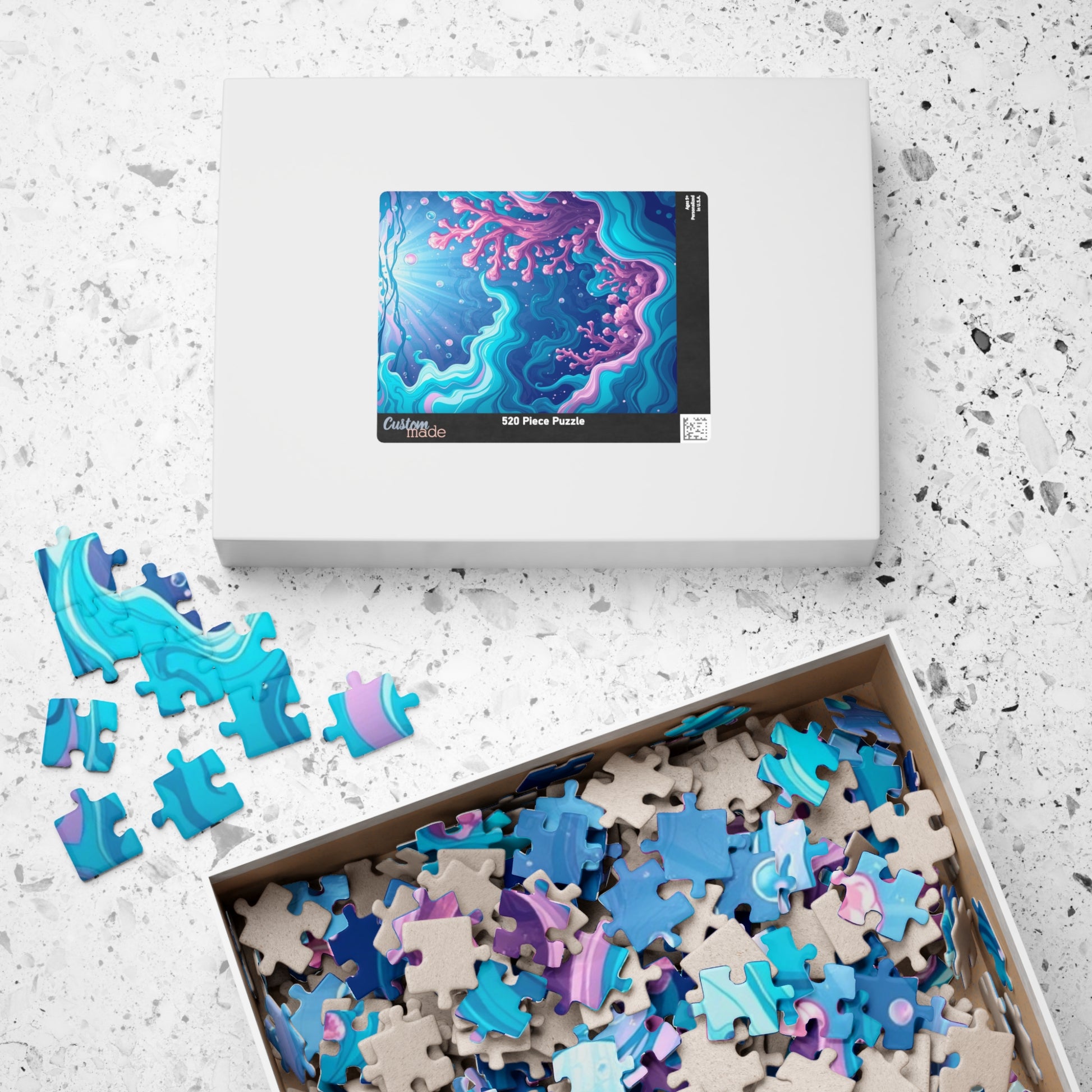 Abstract Underwater Scene Puzzle - Teal Aqua Pink Waves Coral Bubbles Light Beams Jigsaw Game Puzzle The Puzzle Chest