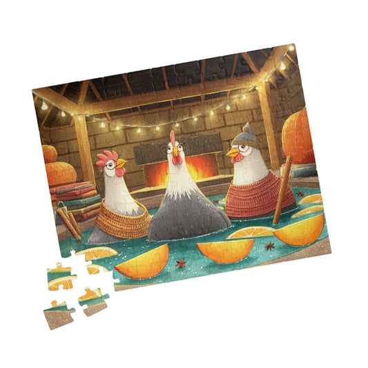 Pumpkin Spice Chicken Puzzle – Cozy Autumn Chickens in Spa Bath with Pumpkins & Cinnamon, Whimsical Fairy-Tale Jigsaw 110 pcs (Horizontal) Puzzle The Puzzle Chest