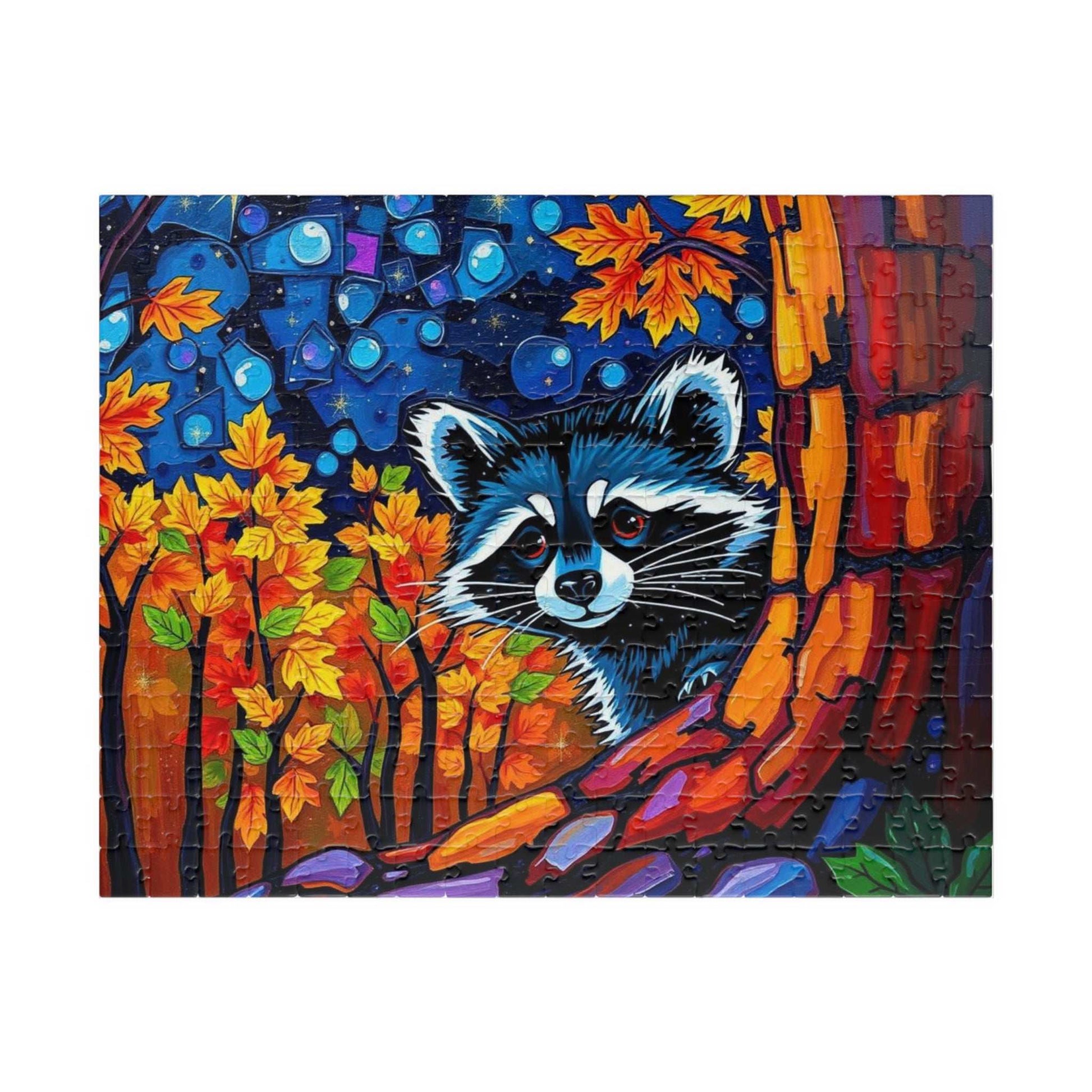 Autumn Nightscape Raccoon Puzzle, Colorful Nature Jigsaw for Solo or Family Fun, Birthday Gift for Animal Lover, Cozy Night In Entertainment