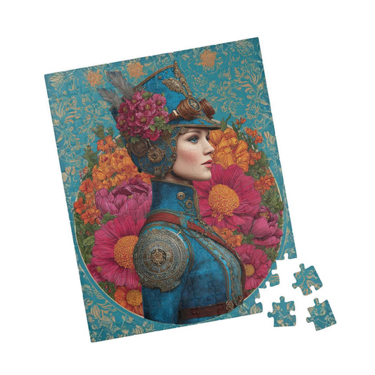 Colorful Female Portrait with Floral and Gear Elements - Unique Steampunk Art Jigsaw Puzzle 110 pcs (Vertical) Puzzle The Puzzle Chest