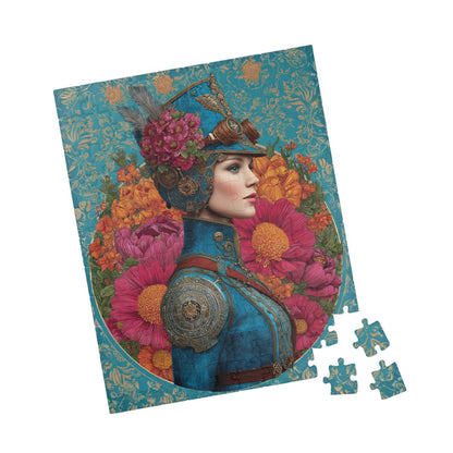 Colorful Female Portrait with Floral and Gear Elements - Unique Steampunk Art Jigsaw Puzzle 110 pcs (Vertical) Puzzle The Puzzle Chest