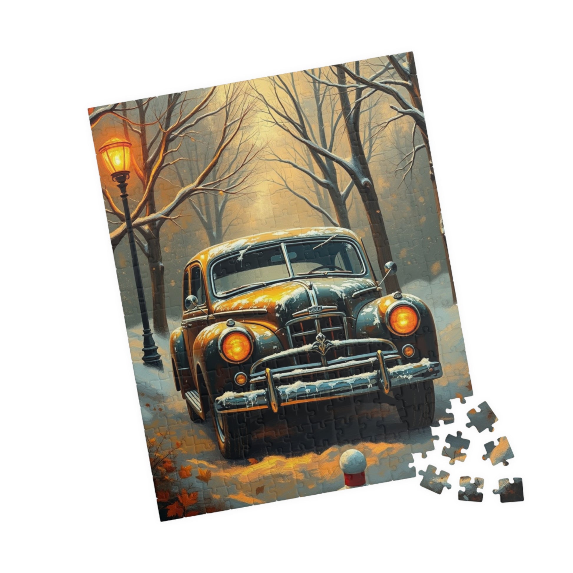 Vintage Car Jigsaw Puzzle Winter Scene, 110 252 520 1014-piece, Christmas Gift, Holiday Activity, Snowy Day Activity, Car Lover Gift, Retro Puzzle The Puzzle Chest