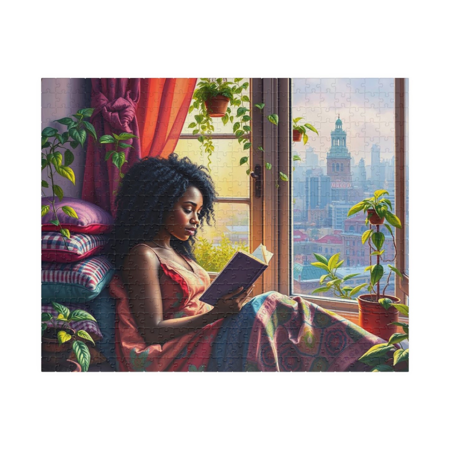 Black Woman Reading by Window Puzzle | Cozy Booklover Jigsaw Puzzle, City View