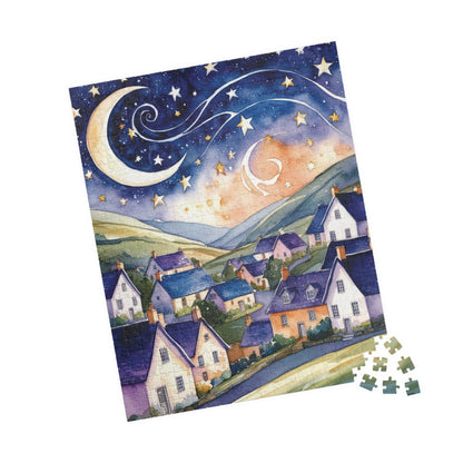 Starry Night Village Puzzle Moon and Star Jigsaw Game Night Family Activity Van Gogh Inspired Art Lover Gift for Puzzle Enthusiasts Relaxing