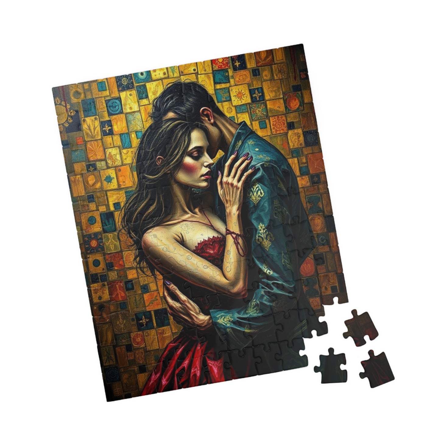 Romantic Embrace Gothic Jigsaw Puzzle, Eerie Couple Hugging Golden Jewel-Toned Patterns, Stress Relief, Unique Dark Art Puzzle Lover Gift Puzzle The Puzzle Chest