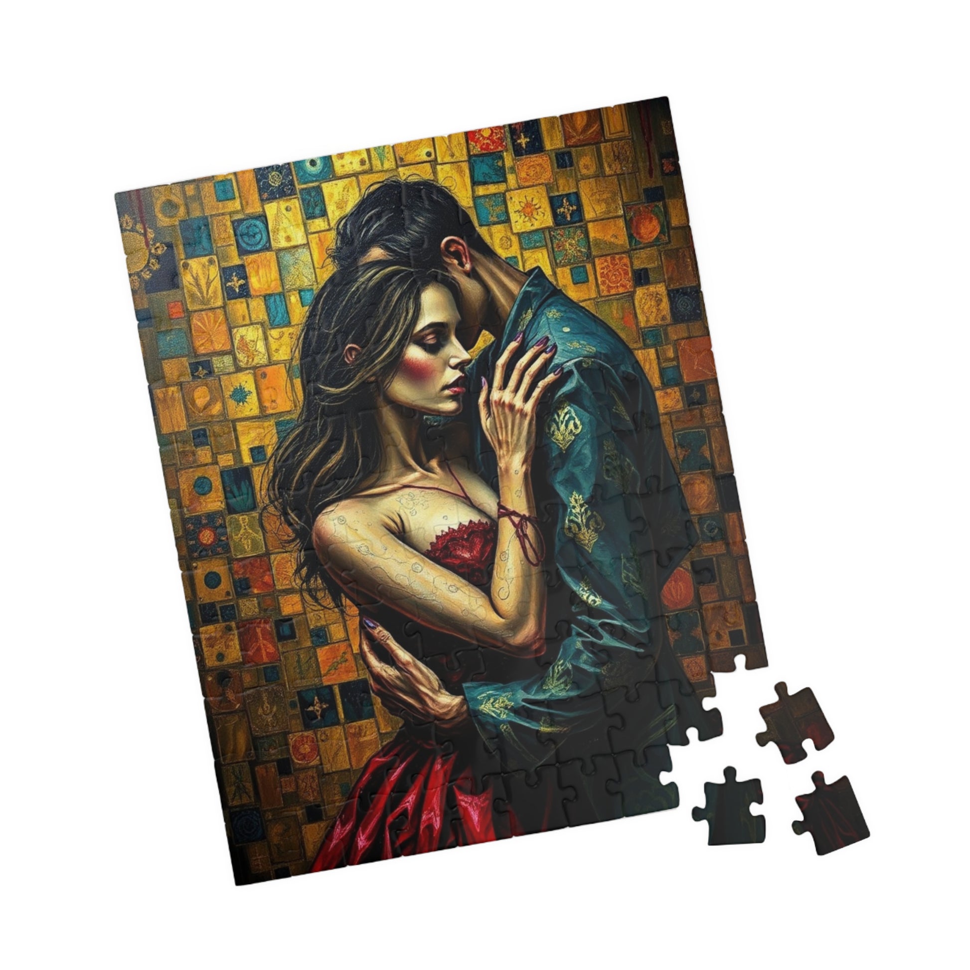 Romantic Embrace Gothic Jigsaw Puzzle, Eerie Couple Hugging Golden Jewel-Toned Patterns, Stress Relief, Unique Dark Art Puzzle Lover Gift Puzzle The Puzzle Chest