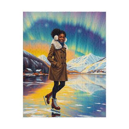 Aurora Borealis Puzzle - Black Woman Portrait, Cozy Afrocentric Winter Vibes, Ice Skating Scene, Family Fun, Gift for Puzzle Lover, Holidays