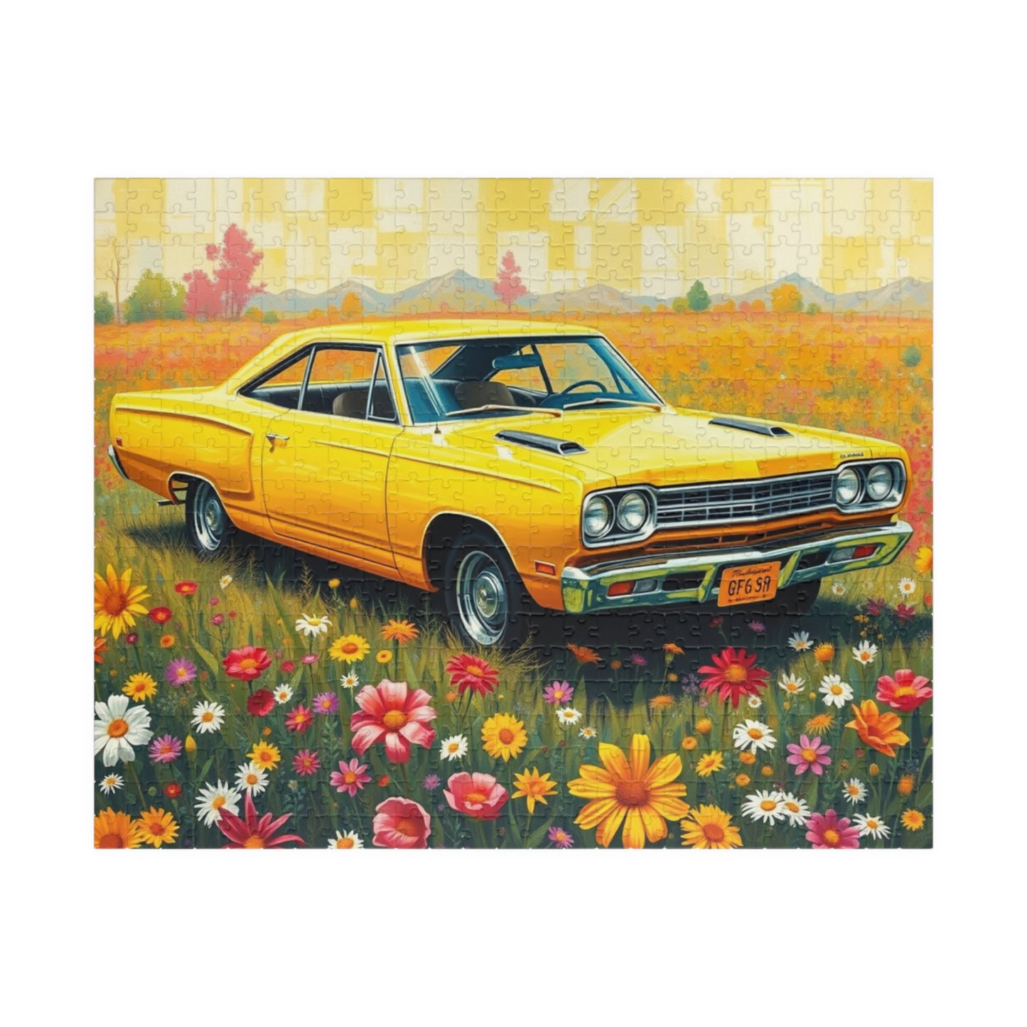 Vintage Car Puzzle Classic Yellow 1969 Plymouth Road Runner, Nostalgic Auto Jigsaw Game for Adults, Gift for Car Lover, Family Game Night