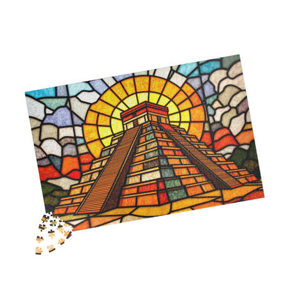 Chichen Itza Pyramid Jigsaw Puzzle, Stained Glass Inspired Historic Mayan Famous Landmark, Frameable Art Travel Enthusiast Gift Puzzle The Puzzle Chest