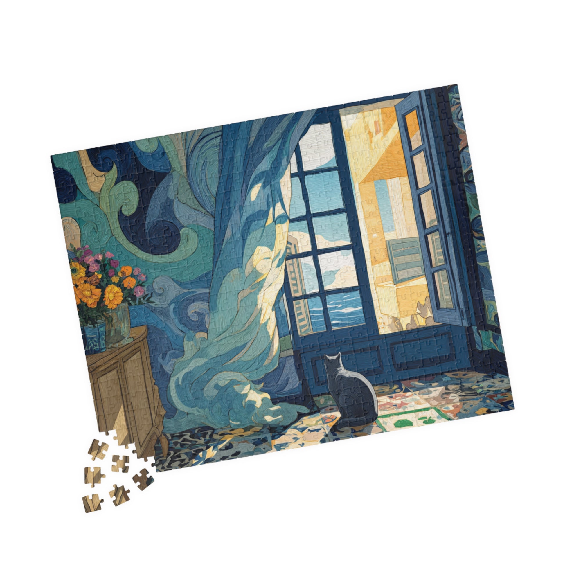 Cat and the Blue Window – Serene Fauvist Jigsaw Puzzle, Animal Theme Seaside Kitten Puzzle, Matisse-Inspired 520 pcs (Horizontal) Puzzle The Puzzle Chest