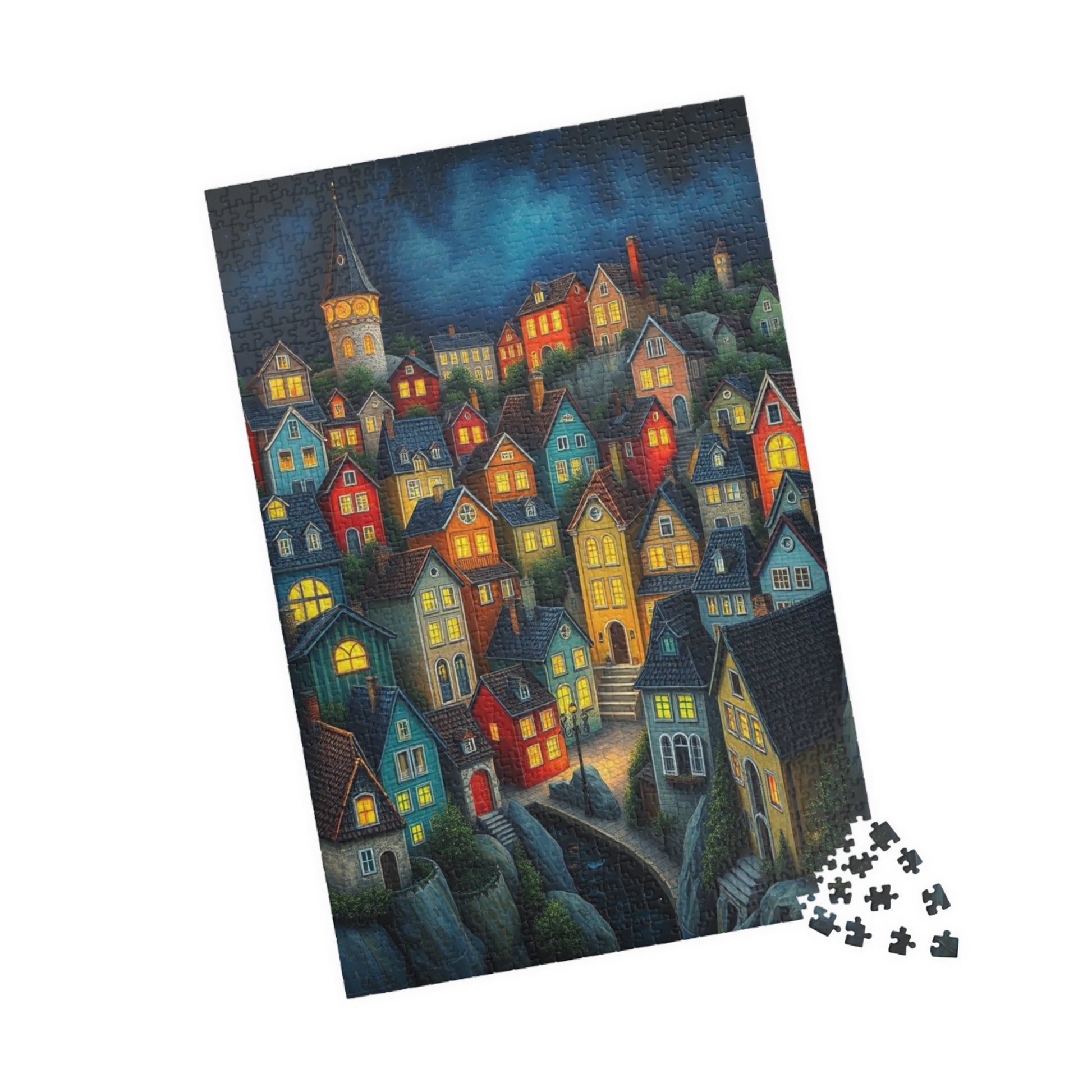 Village Puzzle at Night with Colorful Houses and Glowing Windows, Nighttime Adult Jigsaw Game, Bioluminescent Town The Puzzle Chest
