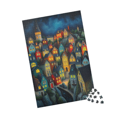 Village Puzzle at Night with Colorful Houses and Glowing Windows, Nighttime Adult Jigsaw Game, Bioluminescent Town The Puzzle Chest