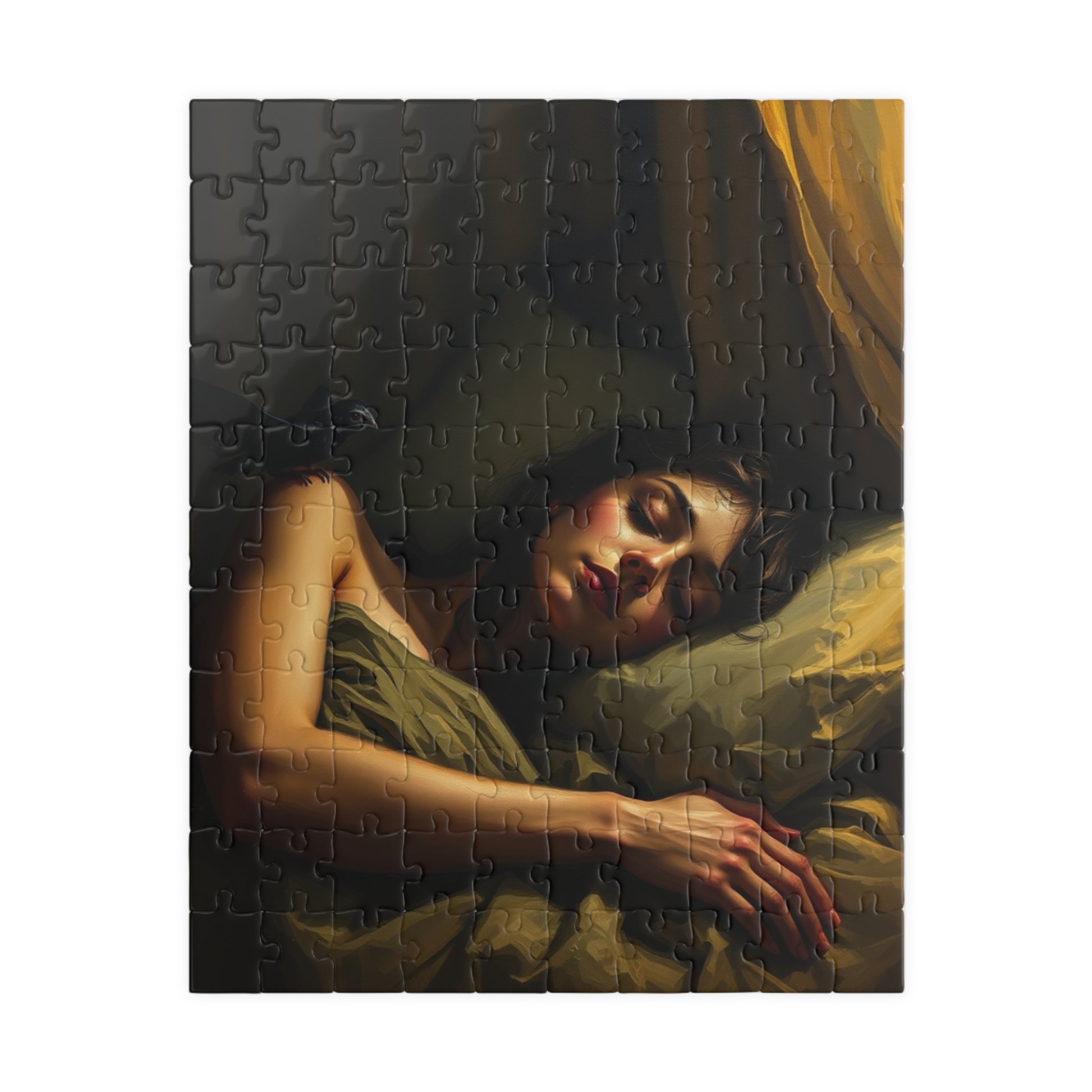 Gothic Puzzle - Dimly Lit Bedroom with Sleeping Woman and Dark Creature, Eerie Atmosphere, 110-1014 Piece Jigsaw, Adult Unisex Activity, 110 pcs (Vertical) Puzzle The Puzzle Chest