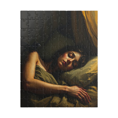 Gothic Puzzle - Dimly Lit Bedroom with Sleeping Woman and Dark Creature, Eerie Atmosphere, 110-1014 Piece Jigsaw, Adult Unisex Activity, 110 pcs (Vertical) Puzzle The Puzzle Chest