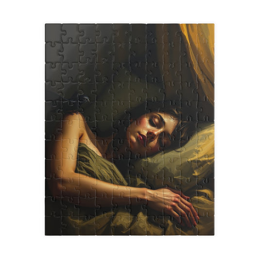 Gothic Puzzle - Dimly Lit Bedroom with Sleeping Woman and Dark Creature, Eerie Atmosphere, 110-1014 Piece Jigsaw, Adult Unisex Activity, 110 pcs (Vertical) Puzzle The Puzzle Chest