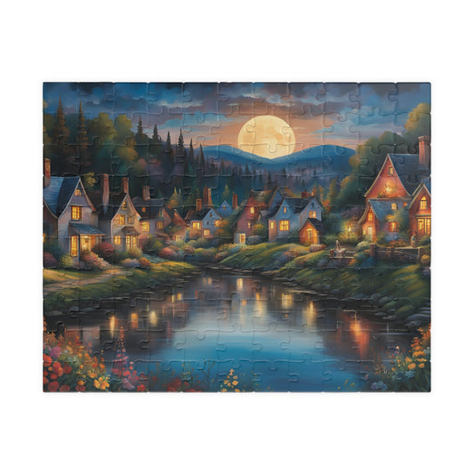 Nighttime Village Landscape Puzzle Gifted, Serene River, Moonlit Backdrop, 520 pcs, Adult, Relaxing Activity, Jigsaw Game, Holiday Present 110 pcs (Horizontal) The Puzzle Chest