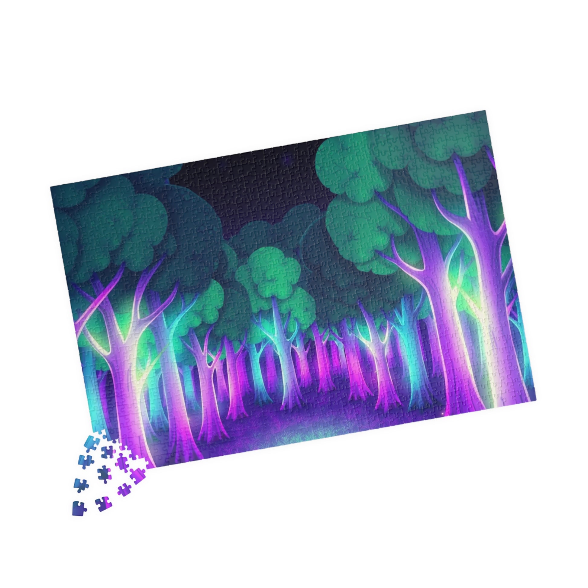 Abstract Forest Landscape Jigsaw Puzzle, Glowing Purple Green Neon Trees, Fantasy Art Puzzle Lover, Quiet Time Leisurely Activity, Fun Hobby Puzzle The Puzzle Chest