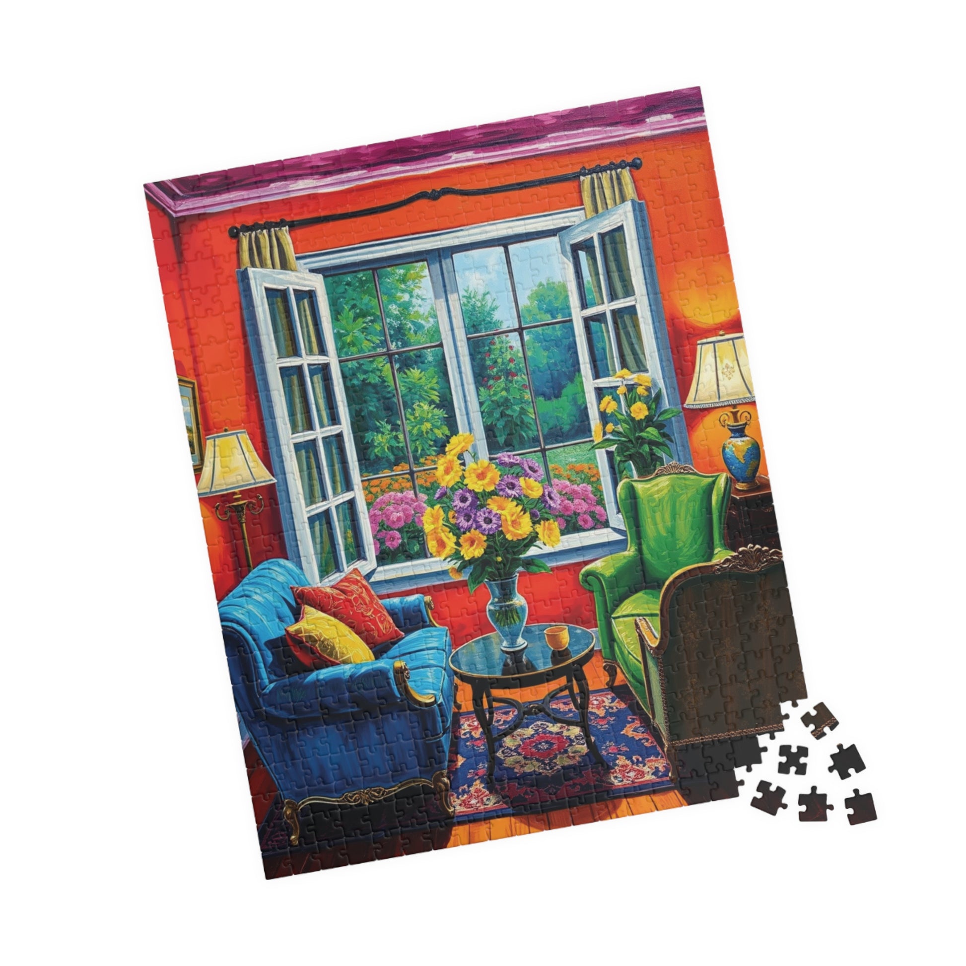 Jigsaw Puzzle, Vibrant Living Room Scene 110 252 520 1014-Piece, Red Orange Blue Green Yellow Purple Floral Wall Art Decor Game Toy, Gift Puzzle The Puzzle Chest