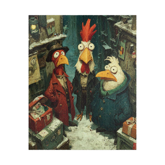 Quirky Gothic Roosters Jigsaw Puzzle - Victorian Chickens, Town Square and Snowy Whimsy Puzzle The Puzzle Chest