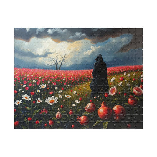 Gothic Jigsaw Puzzle, Lone Dark Figure in Blooming Flower Field, Challenging Puzzle for Adult, Artistic Activity Mindfulness Gift for Friend 252 pcs (Horizontal) The Puzzle Chest