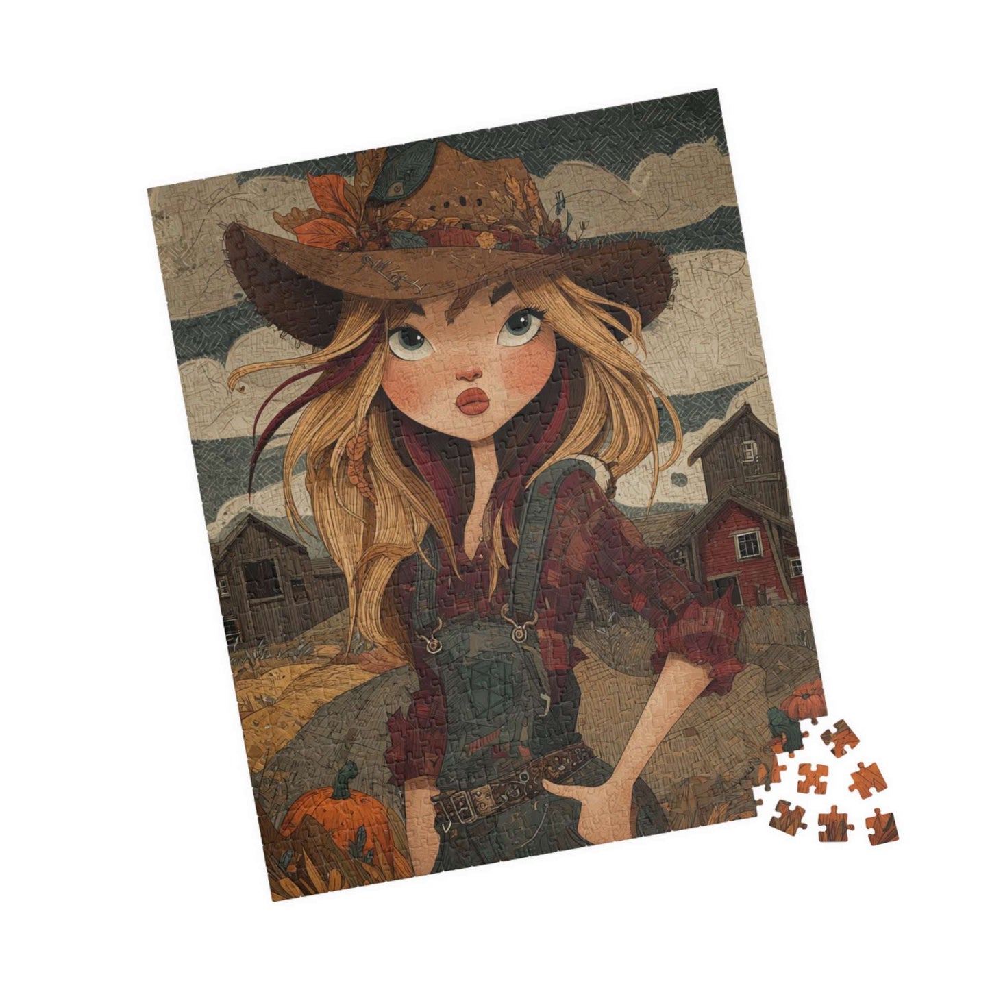1990s Autumn Cowgirl Jigsaw Puzzle - Grunge Patchwork, Retro Cartoon-Style Illustration Farm Scene 520 pcs (Vertical) Puzzle The Puzzle Chest