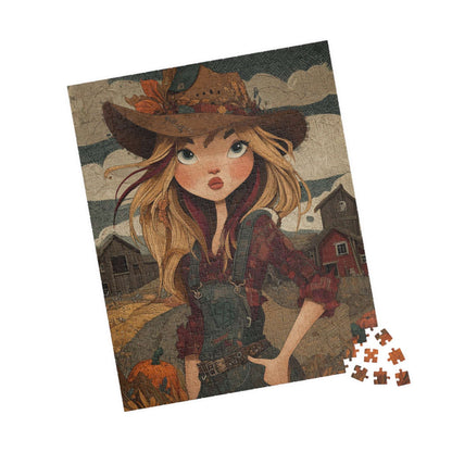 1990s Autumn Cowgirl Jigsaw Puzzle - Grunge Patchwork, Retro Cartoon-Style Illustration Farm Scene 520 pcs (Vertical) Puzzle The Puzzle Chest