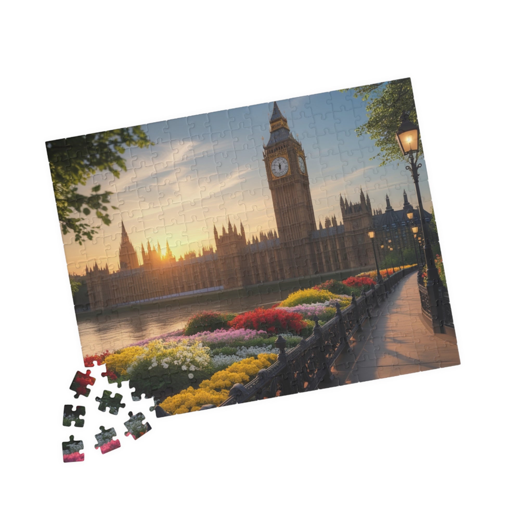 London Big Ben (Elizabeth Tower) Jigsaw Puzzle, Flowers Sunrise View Thames River, Puzzle Enthusiast Cityscape Lover Gift, Family Activity Puzzle The Puzzle Chest