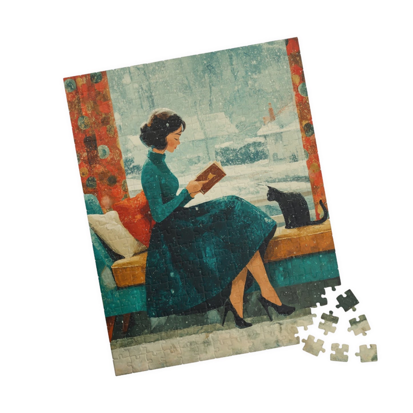 Mid-Century Winter Reading Nook Jigsaw Puzzle – Vintage 1950s Woman, Cat, and Snowy Window 252 pcs (Vertical) Puzzle The Puzzle Chest