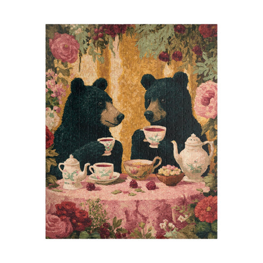 Pretty in Pink – Rosy Bear Tea Party Puzzle with Romantic Cottage Garden Scene, Animal Themed Jigsaw Game Puzzle The Puzzle Chest
