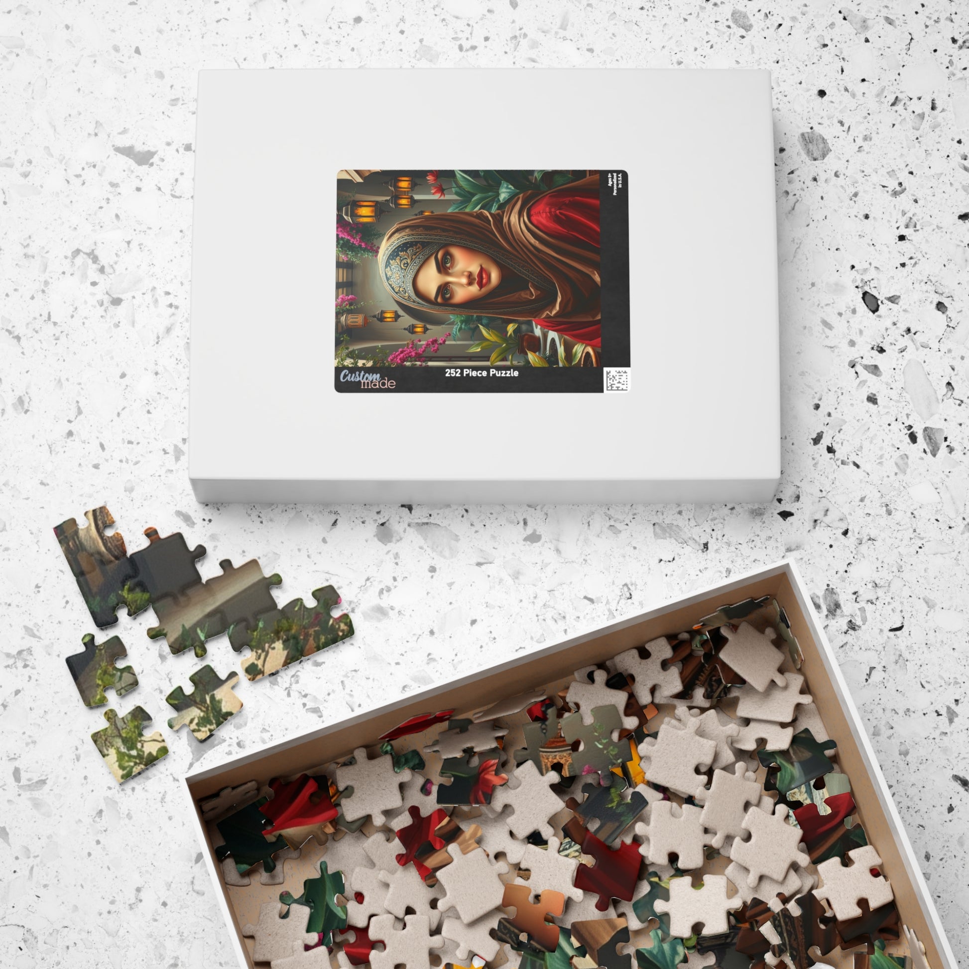 Middle Eastern Cultural Art Jigsaw Puzzle, Woman in Hijab Courtyard Scene, Hanging Lanterns Vibrant Plants, Puzzle Enthusiast Art Lover Gift Puzzle The Puzzle Chest