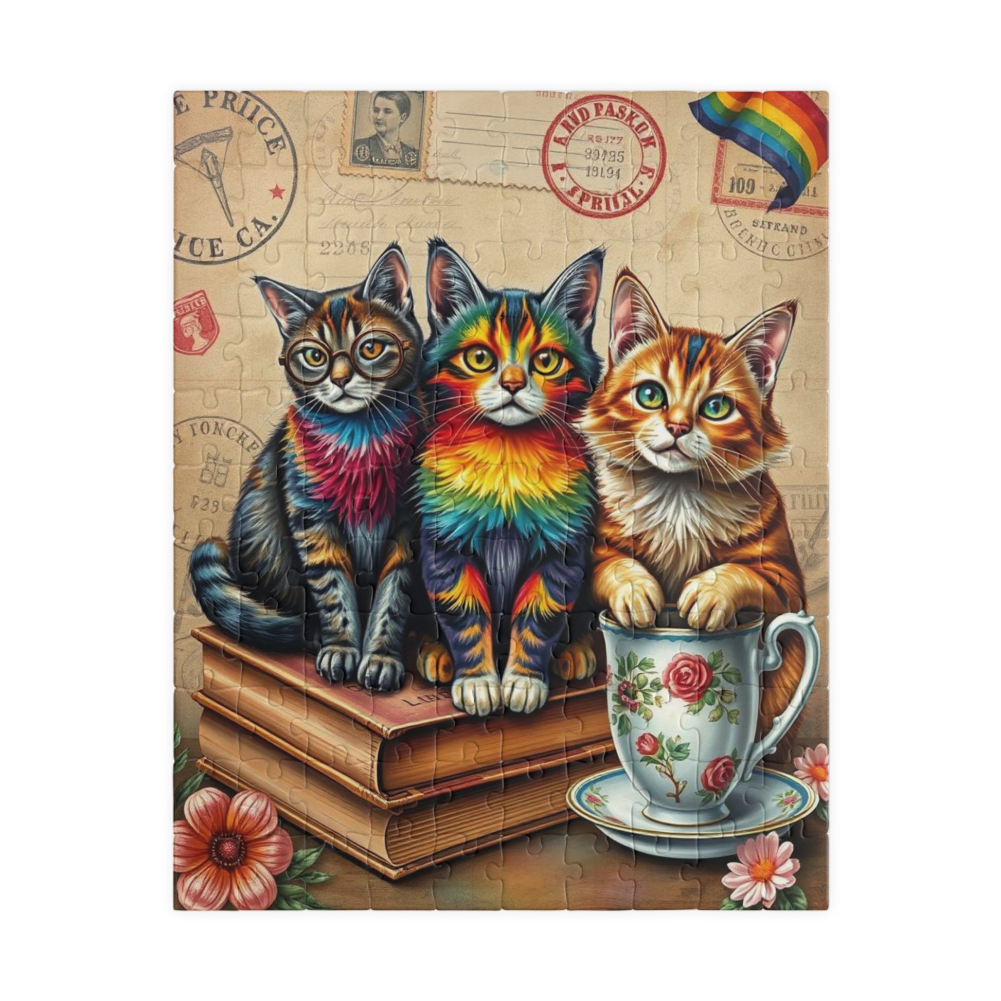 Postcards and Paws Jigsaw Puzzle, Pride Rainbow Cats Vintage Puzzle Art for Fun Family Activity, Cat Lover Gift, Cozy Night In, Brain Teaser 110 pcs (Vertical) Puzzle The Puzzle Chest