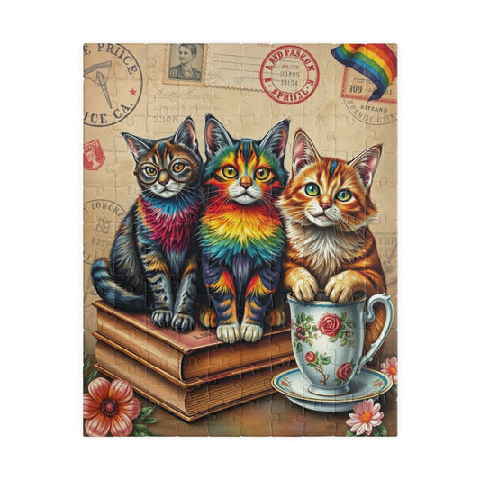 Postcards and Paws Jigsaw Puzzle, Pride Rainbow Cats Vintage Puzzle Art for Fun Family Activity, Cat Lover Gift, Cozy Night In, Brain Teaser 110 pcs (Vertical) Puzzle The Puzzle Chest