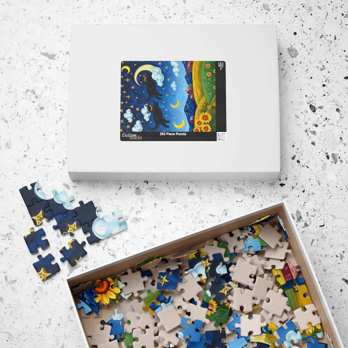 Starry Cat Chase Jigsaw Puzzle - Black Cats and Sunflowers, 110-1014 Piece Whimsical Cat Lover Gift, Brain Teaser Game, Indoor Hobby, Family