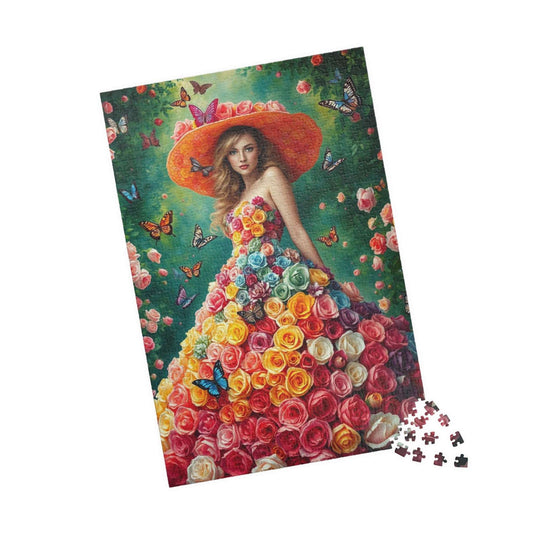 Lady of the Rainbow Rose Garden - Vibrant Floral Butterfly Fantasy Jigsaw Puzzle