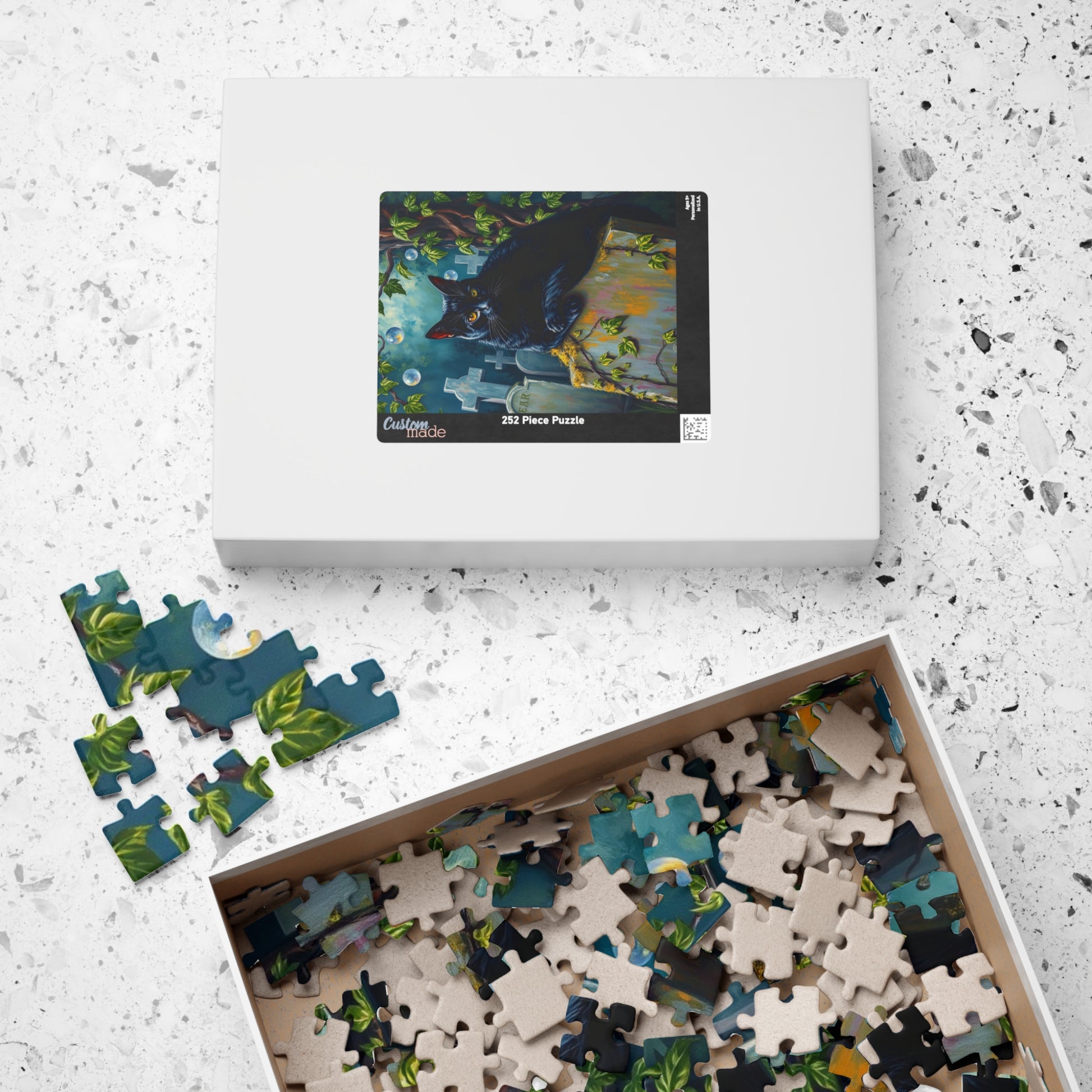 Gothic Puzzle, Black Cat Rests on Moss-Covered Tombstone, Eerie Atmosphere, Halloween Jigsaw Game, Spooky Home Decor, Creepy Cat Lover Gift Puzzle The Puzzle Chest