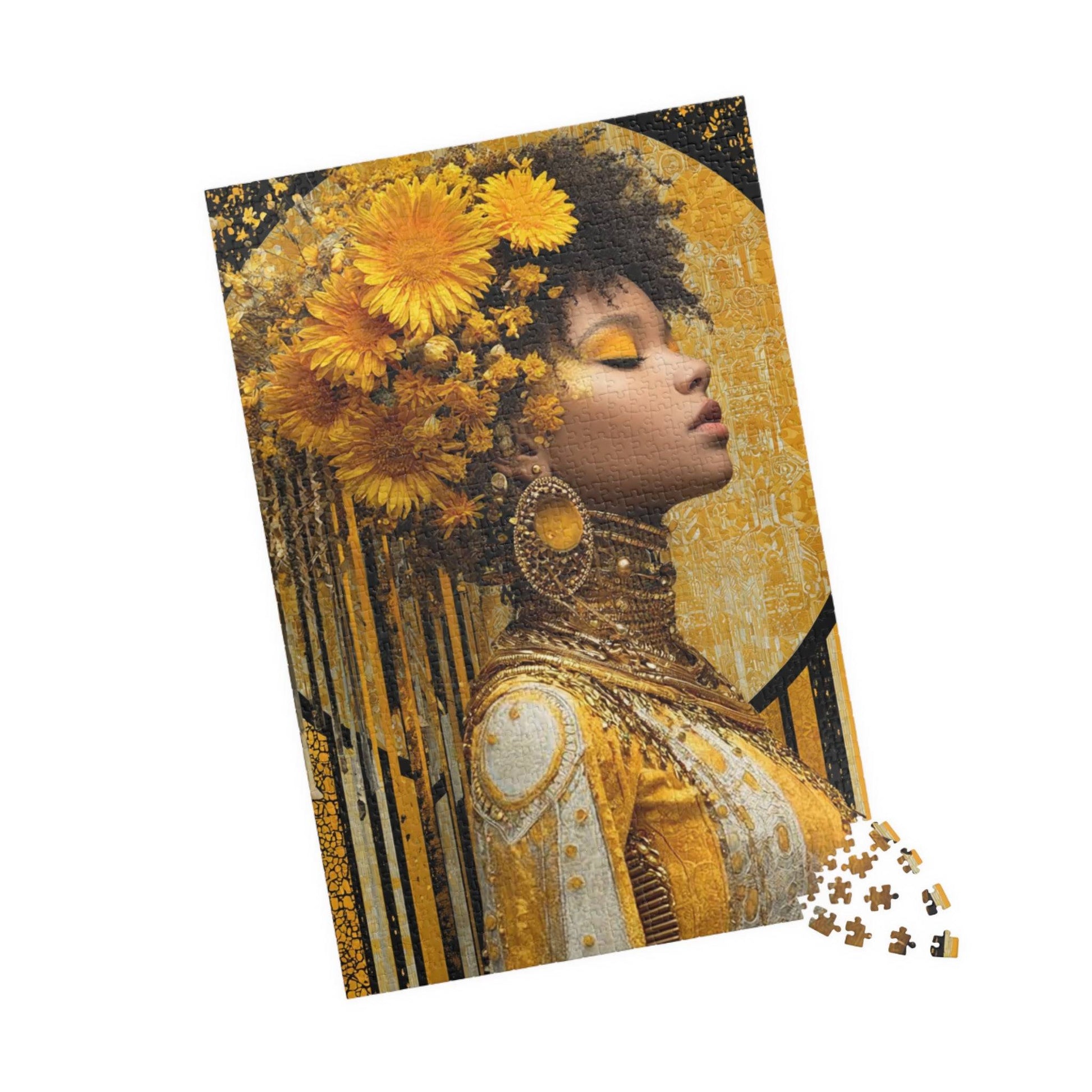 Elegant Afrocentric Jigsaw Puzzle - Melanin African American Queen in Gold Jewelry and Flower Crown 1014 pcs (Vertical) Puzzle The Puzzle Chest