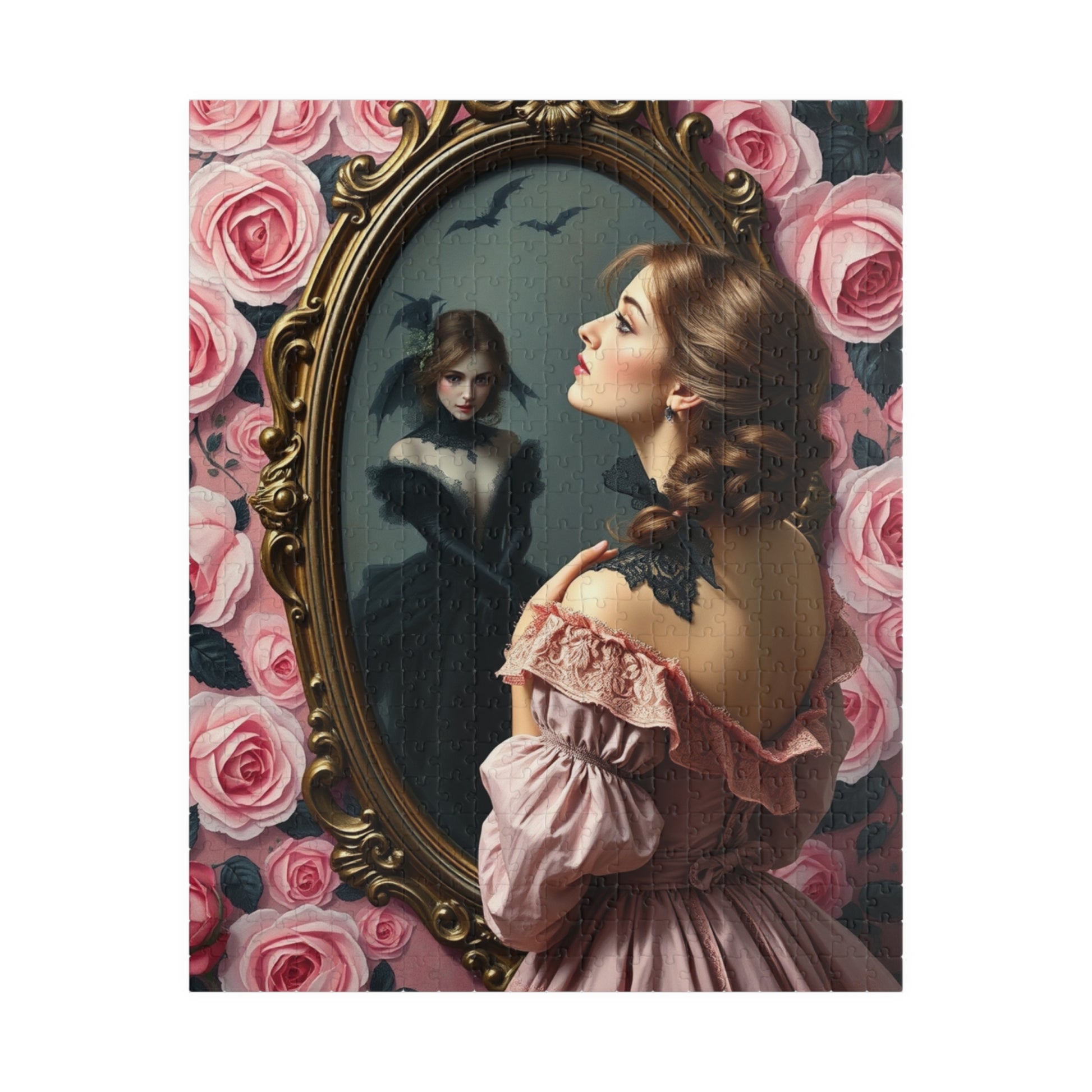 Dark Romance Gothic Puzzle, Victorian Woman and Floral Mirror Transformation Scene, Fantasy Fairytale Jigsaw Game for Adults, Unique Gift 520 pcs (Vertical) Puzzle The Puzzle Chest